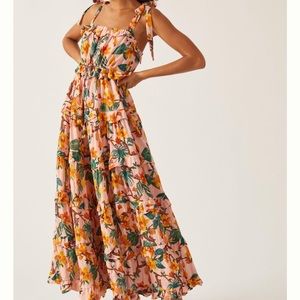 NWT Anthropologie Farm Rio Square-Neck Tiered-Maxi Dress